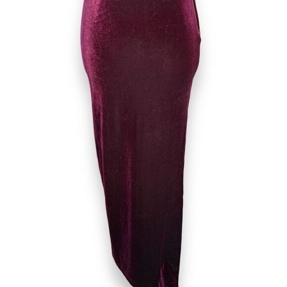 Vintage 90s Maxi Dress Burgundy Velvet Gown Criss-Cross Open Back Column Prom - Picture 6 of 14